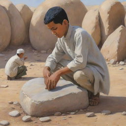 Illustrate an empathetic scene where a Muslim boy tries hard to move the hefty stone alone, manifesting tremendous effort, but the stone stays put, symbolizing the challenge of resolving communal issues single-handedly.