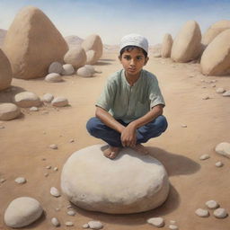 Illustrate an empathetic scene where a Muslim boy tries hard to move the hefty stone alone, manifesting tremendous effort, but the stone stays put, symbolizing the challenge of resolving communal issues single-handedly.