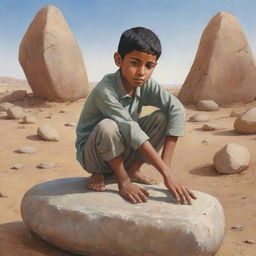 Illustrate an empathetic scene where a Muslim boy tries hard to move the hefty stone alone, manifesting tremendous effort, but the stone stays put, symbolizing the challenge of resolving communal issues single-handedly.