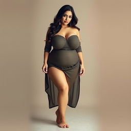 A Pakistani woman with a curvy, voluptuous figure, highlighting her full bust and soft, realistic features