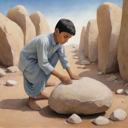 Illustrate an empathetic scene where a Muslim boy tries hard to move the hefty stone alone, manifesting tremendous effort, but the stone stays put, symbolizing the challenge of resolving communal issues single-handedly.