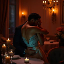 a sensual and romantic scene with an intimate atmosphere, featuring a couple in a passionate embrace, gentle lighting enhances the mood, the setting is elegant and tastefully arranged, creating a sense of desire and affection