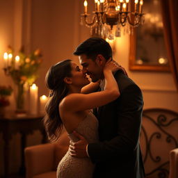 a sensual and romantic scene with an intimate atmosphere, featuring a couple in a passionate embrace, gentle lighting enhances the mood, the setting is elegant and tastefully arranged, creating a sense of desire and affection