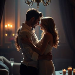 a sensual and romantic scene with an intimate atmosphere, featuring a couple in a passionate embrace, gentle lighting enhances the mood, the setting is elegant and tastefully arranged, creating a sense of desire and affection