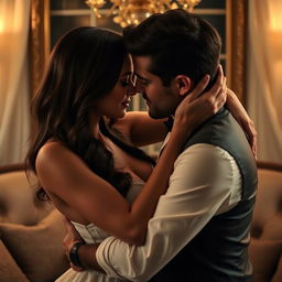 a sensual and romantic scene with an intimate atmosphere, featuring a couple in a passionate embrace, gentle lighting enhances the mood, the setting is elegant and tastefully arranged, creating a sense of desire and affection