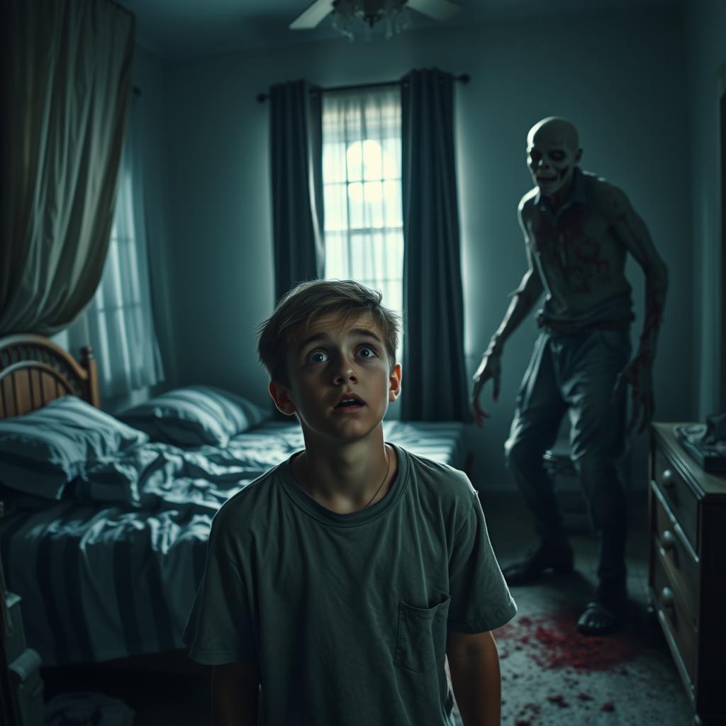 A chilling scene in a bedroom where a teenage boy is the lone survivor after his family was murdered by a bloodthirsty zombie