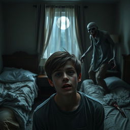 A chilling scene in a bedroom where a teenage boy is the lone survivor after his family was murdered by a bloodthirsty zombie