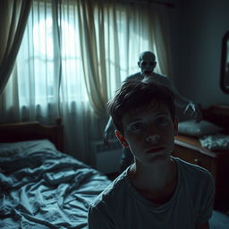 A chilling scene in a bedroom where a teenage boy is the lone survivor after his family was murdered by a bloodthirsty zombie