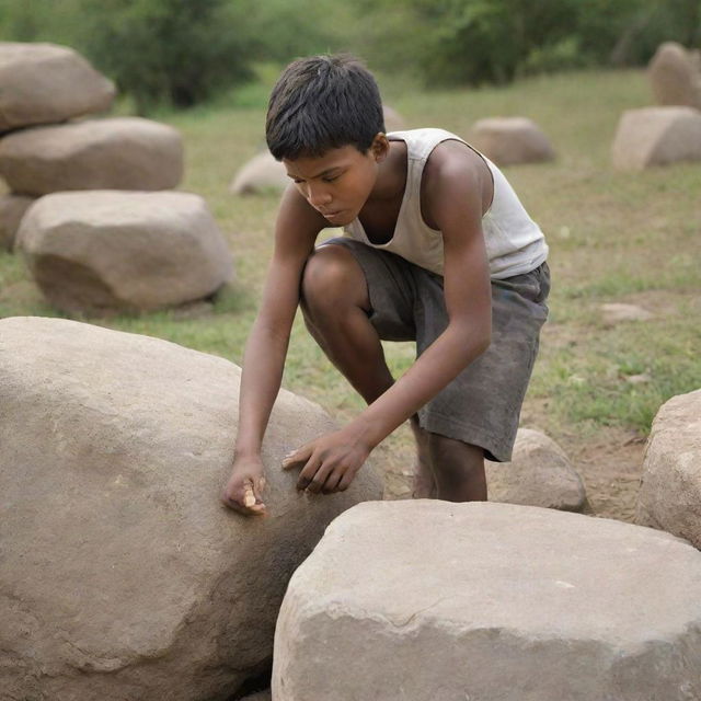 Show a dramatic scene where a Christian boy puts his utmost strength to move the heavy stone by himself, his struggle evident, but the stone remains immovable, symbolizing the struggles faced in overcoming communal issues alone.