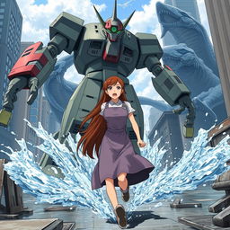 A tall, big woman with long brown hair charges towards the foot of a giant humanoid android in a dramatic anime scene