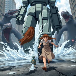 A tall, big woman with long brown hair charges towards the foot of a giant humanoid android in a dramatic anime scene