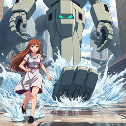 A tall, big woman with long brown hair charges towards the foot of a giant humanoid android in a dramatic anime scene