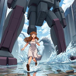 A tall, big woman with long brown hair charges towards the foot of a giant humanoid android in a dramatic anime scene