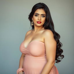 A Pakistani woman with a curvy, voluptuous figure, showcasing her full bust and soft, real features