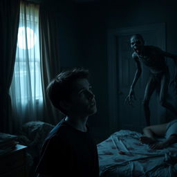 A chilling scene in a dimly lit bedroom where a teenage boy is the lone survivor after his family was murdered by a terrifying zombie ghoul