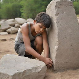 Show a dramatic scene where a Christian boy puts his utmost strength to move the heavy stone by himself, his struggle evident, but the stone remains immovable, symbolizing the struggles faced in overcoming communal issues alone.