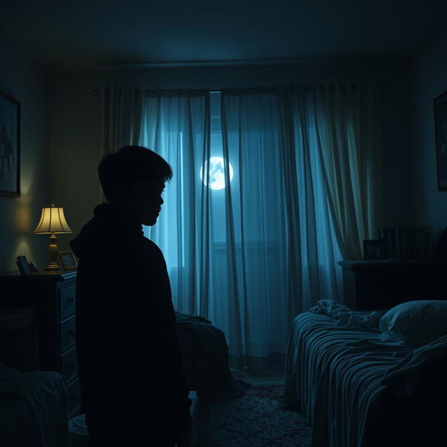 A chilling scene in a dimly lit bedroom where a teenage boy is the lone survivor after his family was murdered by a terrifying zombie ghoul