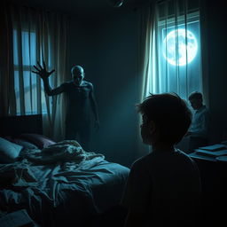 A chilling scene in a dimly lit bedroom where a teenage boy is the lone survivor after his family was murdered by a terrifying zombie ghoul