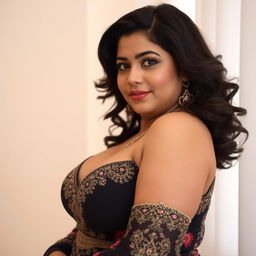 A Pakistani woman with a curvy and voluptuous figure, highlighting her full bust and soft, real features