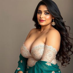 A Pakistani woman with a curvy and voluptuous figure, highlighting her full bust and soft, real features