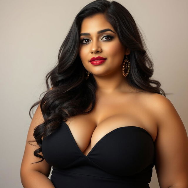 A Pakistani woman with a curvy and voluptuous figure, highlighting her full bust and soft, real features