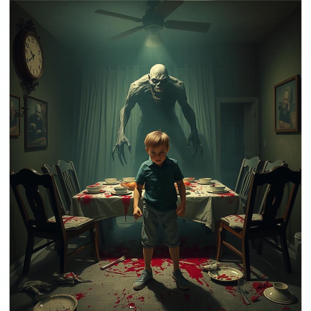 A ghastly scene depicting a terrifying ghoul, covered in blood, as it prowls in a dimly-lit, eerie room, the aftermath of a tragic family dinner gone horribly wrong