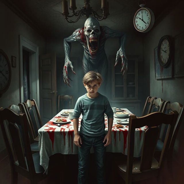 A ghastly scene depicting a terrifying ghoul, covered in blood, as it prowls in a dimly-lit, eerie room, the aftermath of a tragic family dinner gone horribly wrong