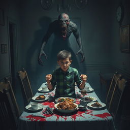 A ghastly scene depicting a terrifying ghoul, covered in blood, as it prowls in a dimly-lit, eerie room, the aftermath of a tragic family dinner gone horribly wrong