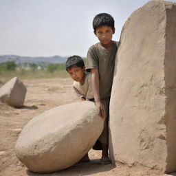 Show a dramatic scene where a Christian boy puts his utmost strength to move the heavy stone by himself, his struggle evident, but the stone remains immovable, symbolizing the struggles faced in overcoming communal issues alone.