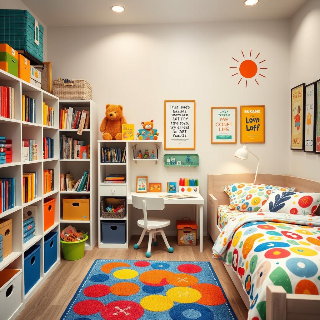 An efficiently organized child's room with playful and colorful decor