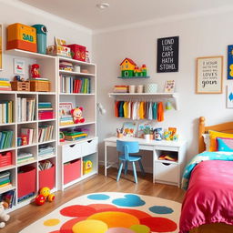 An efficiently organized child's room with playful and colorful decor