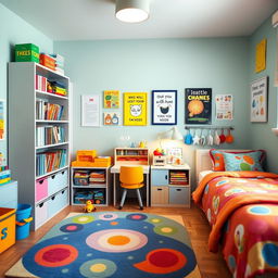 An efficiently organized child's room with playful and colorful decor