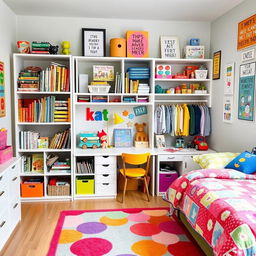 An efficiently organized child's room with playful and colorful decor