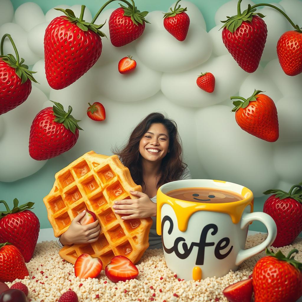 A surreal, dreamlike scene featuring a person being gently embraced by vibrant, oversized foods like giant strawberries, whimsical waffles, and a large, playful cup of coffee, creating an imaginative and fantastical ambiance