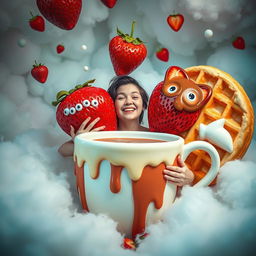 A surreal, dreamlike scene featuring a person being gently embraced by vibrant, oversized foods like giant strawberries, whimsical waffles, and a large, playful cup of coffee, creating an imaginative and fantastical ambiance