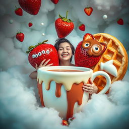 A surreal, dreamlike scene featuring a person being gently embraced by vibrant, oversized foods like giant strawberries, whimsical waffles, and a large, playful cup of coffee, creating an imaginative and fantastical ambiance