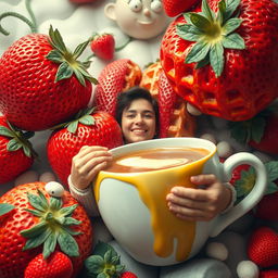 A surreal, dreamlike scene featuring a person being gently embraced by vibrant, oversized foods like giant strawberries, whimsical waffles, and a large, playful cup of coffee, creating an imaginative and fantastical ambiance