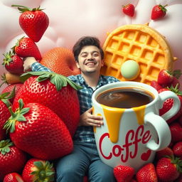 A surreal, dreamlike scene featuring a person being gently embraced by vibrant, oversized foods like giant strawberries, whimsical waffles, and a large, playful cup of coffee, creating an imaginative and fantastical ambiance