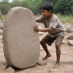 Show a dramatic scene where a Christian boy puts his utmost strength to move the heavy stone by himself, his struggle evident, but the stone remains immovable, symbolizing the struggles faced in overcoming communal issues alone.