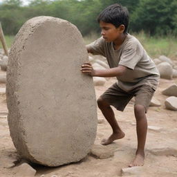 Show a dramatic scene where a Christian boy puts his utmost strength to move the heavy stone by himself, his struggle evident, but the stone remains immovable, symbolizing the struggles faced in overcoming communal issues alone.