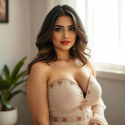 A Pakistani woman with a curvy, voluptuous figure, highlighting her full bust and soft, realistic features