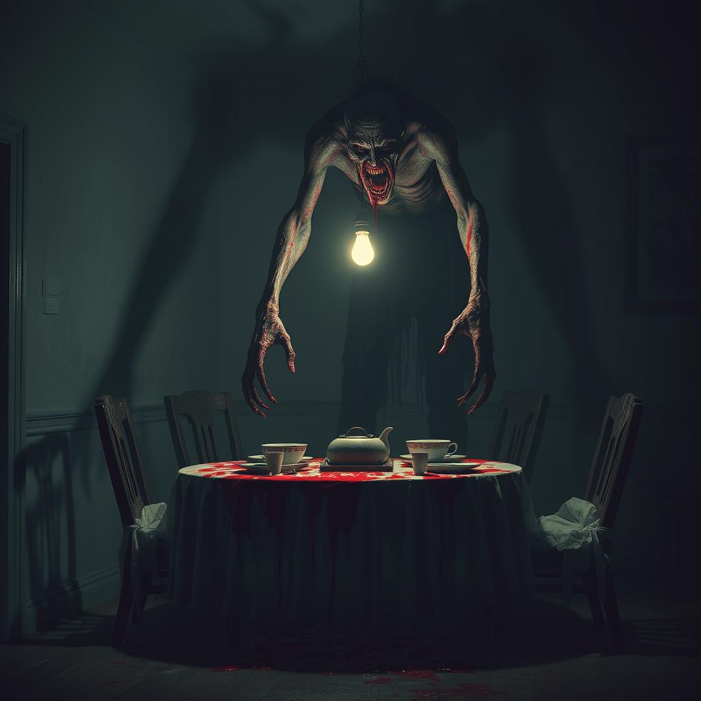 A chilling, macabre scene depicting a blood-drenched ghoul, standing menacingly in a dimly-lit room