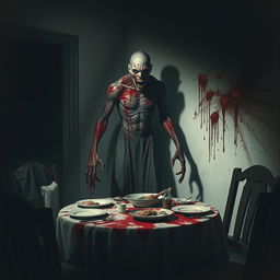 A chilling, macabre scene depicting a blood-drenched ghoul, standing menacingly in a dimly-lit room