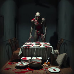 A chilling, macabre scene depicting a blood-drenched ghoul, standing menacingly in a dimly-lit room