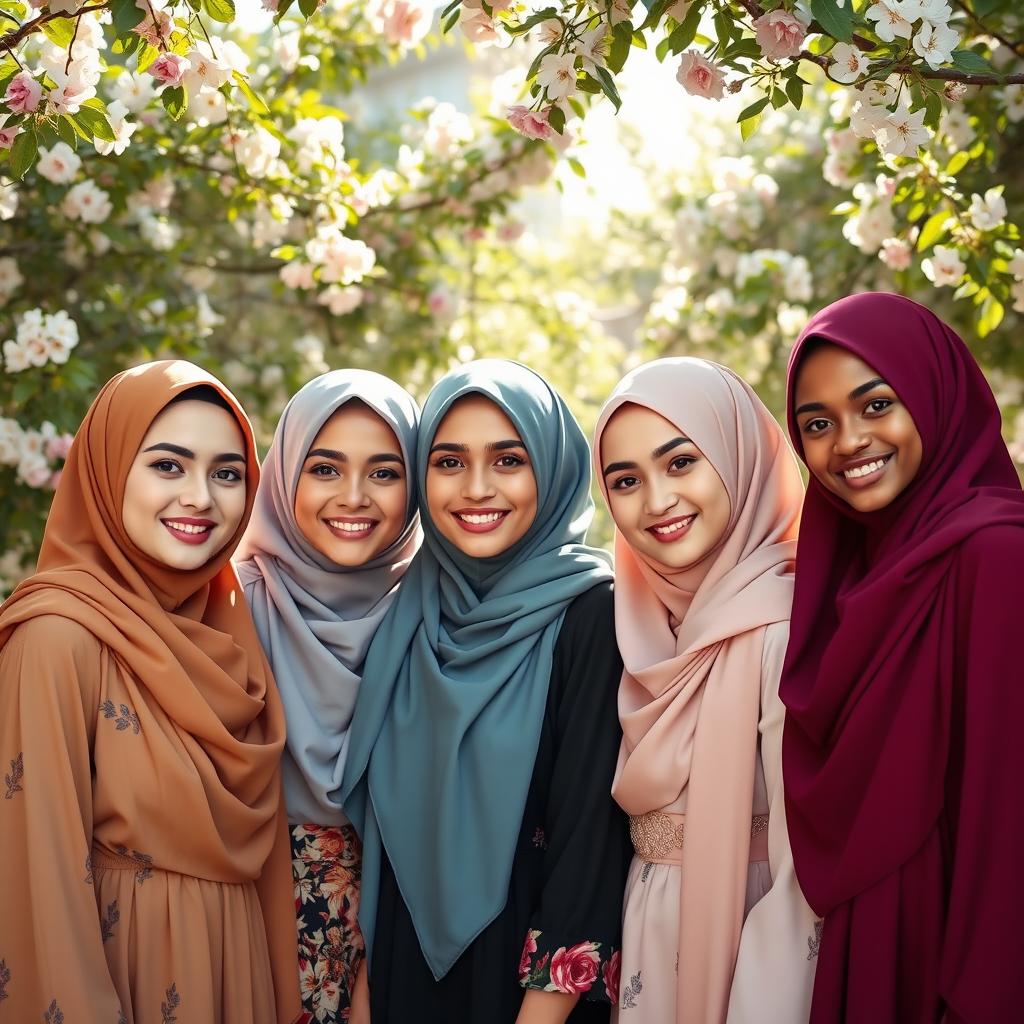 A group of beautiful young women wearing stylish hijabs, each showcasing different colors and patterns