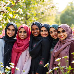 A group of beautiful young women wearing stylish hijabs, each showcasing different colors and patterns