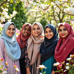 A group of beautiful young women wearing stylish hijabs, each showcasing different colors and patterns