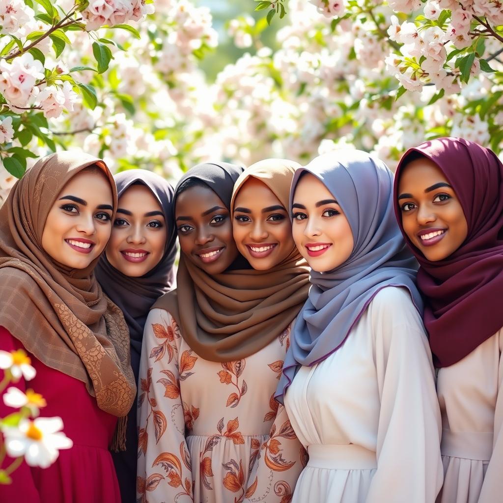 A group of beautiful young women wearing stylish hijabs, each showcasing different colors and patterns