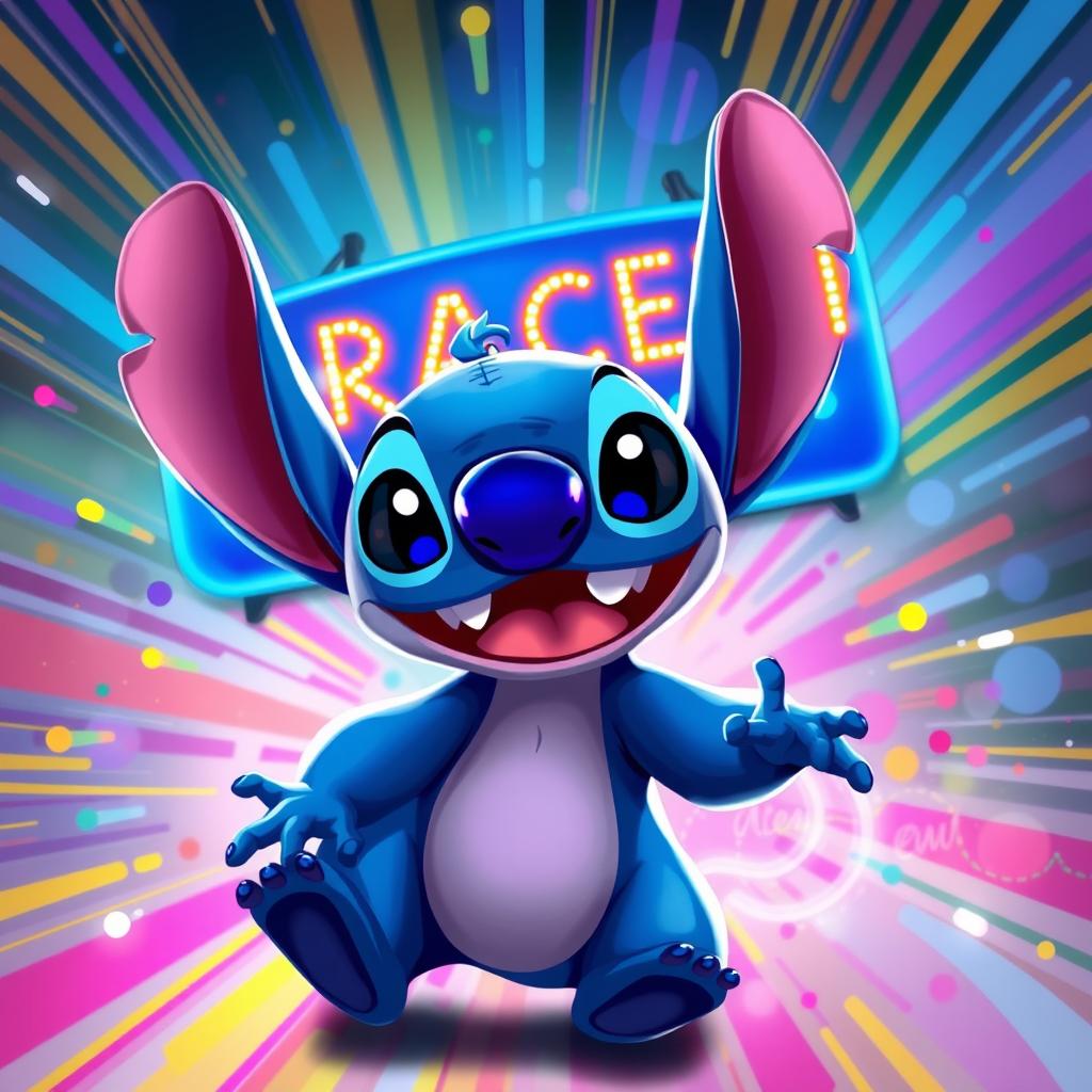 A vibrant digital art piece featuring the iconic character, Stitch, set against a colorful and dynamic background