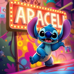 A vibrant digital art piece featuring the iconic character, Stitch, set against a colorful and dynamic background